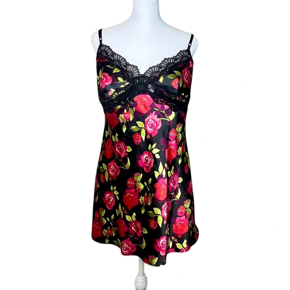 Victoria's Secret Satin Babydoll Chemises Slip Dress L Black Red Roses Lace